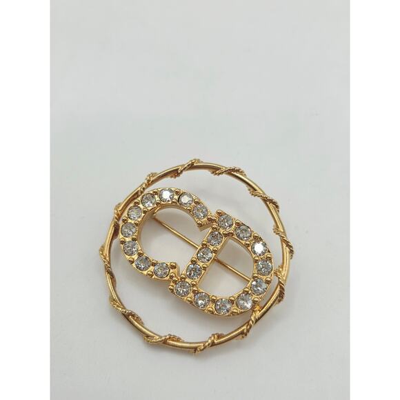 Christian Dior Gold-tone Crystal CD Logo Round Brooch - Picture 9 of 10